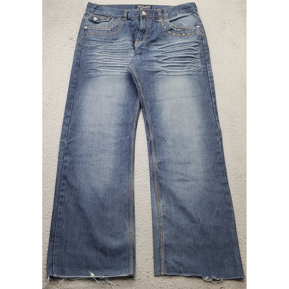 Chams Premium Straight Jeans Mens 36 Blue Denim Stud Rivet Embellishment Raw Hem